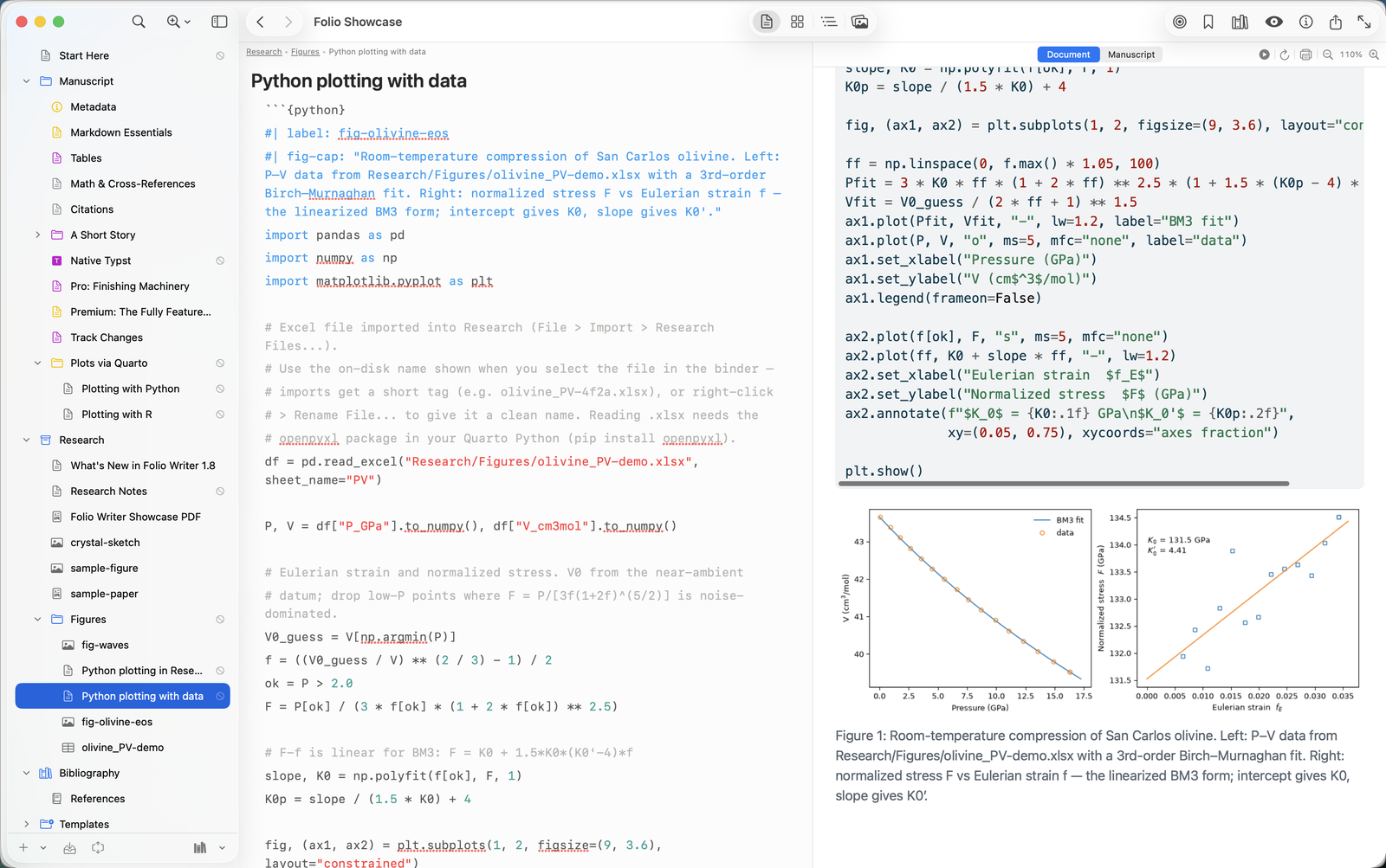 Real workflow: P–V data read from an .xlsx in Research, Birch–Murnaghan fit, annotated and numbered at compile.