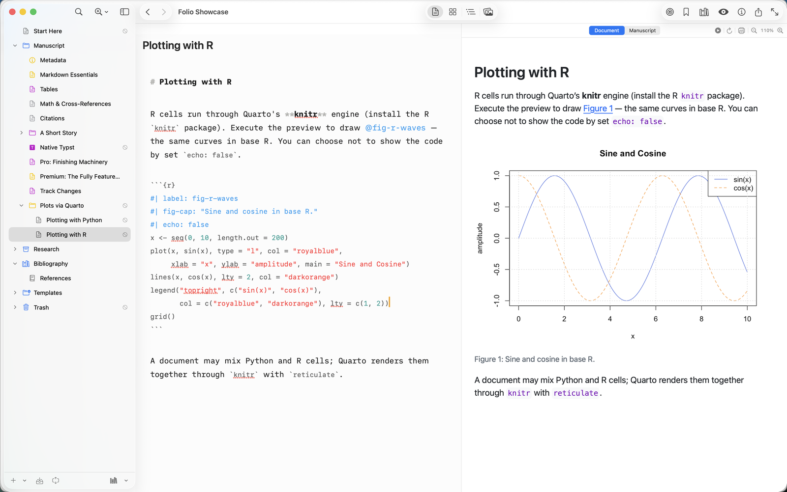 The same manuscript speaks R — knitr engine, echo: false, numbered figure.
