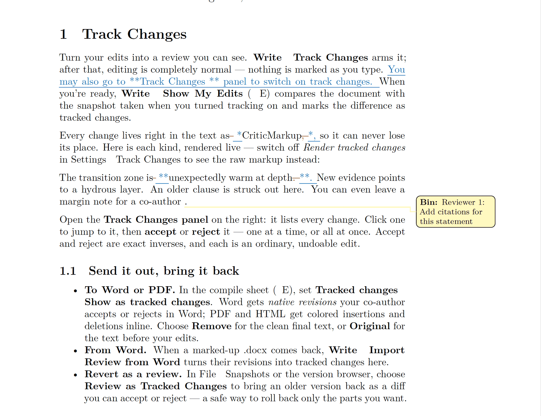 A compiled PDF page: insertions underlined in blue, deletions struck through in red, and a yellow margin note from a co-author with a leader line to its passage.