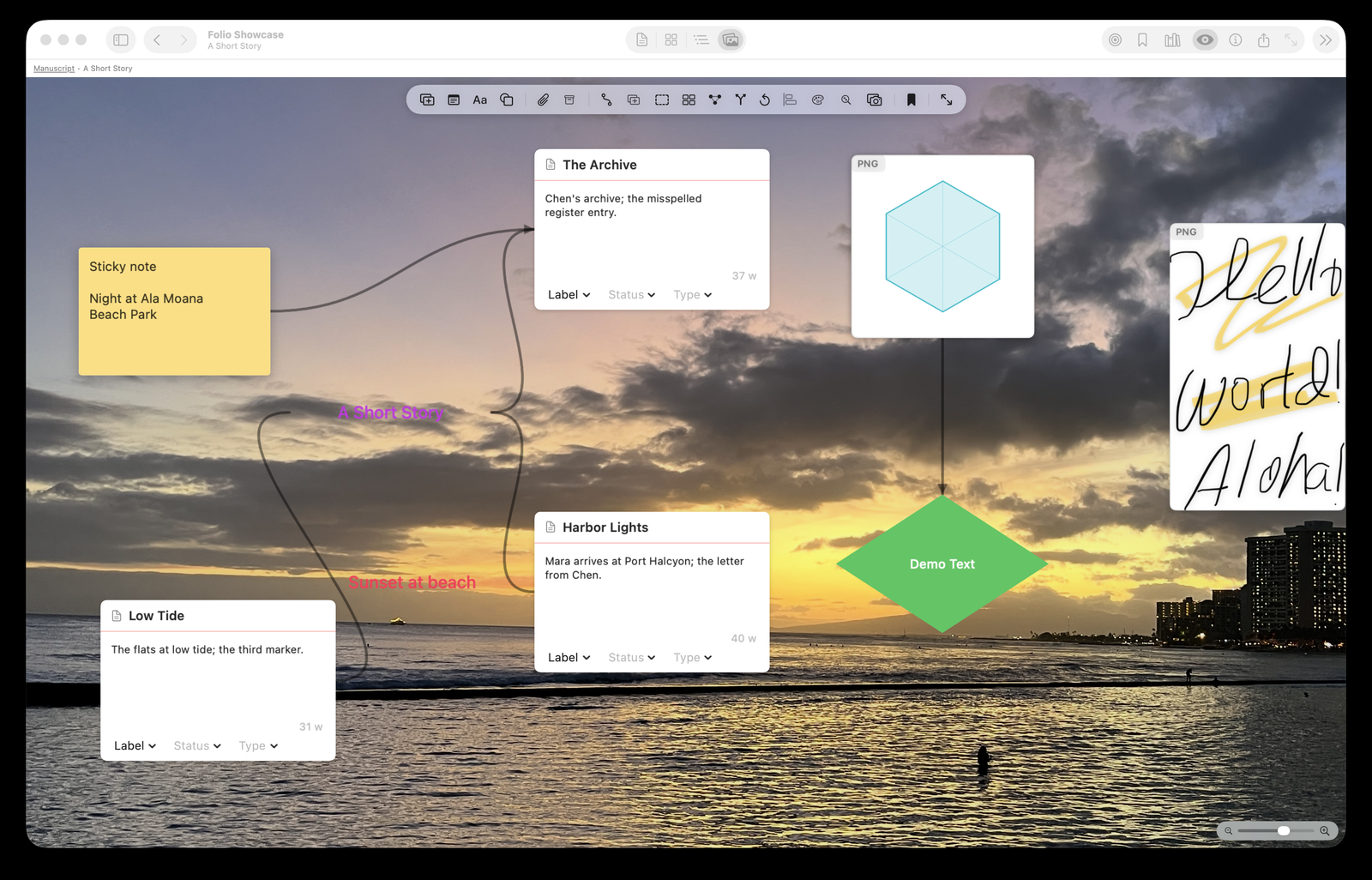 A freeform canvas with notes, cards, shapes, and images